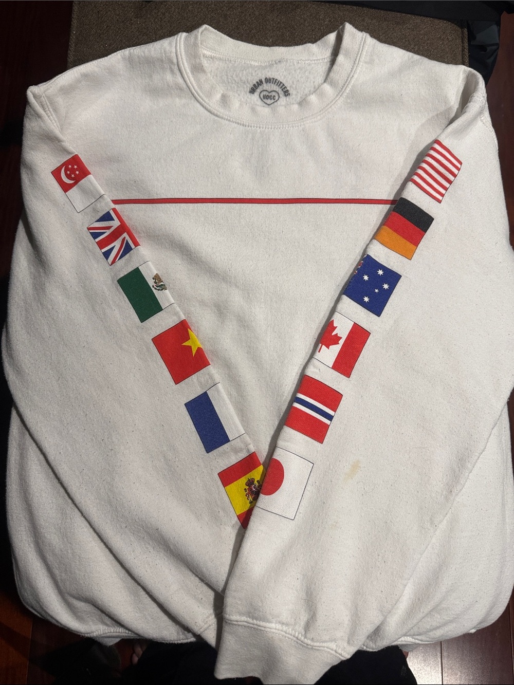 Urban Outfitters White Crewneck Sweatshirt with Multicolor Flag Sleeve Stripes